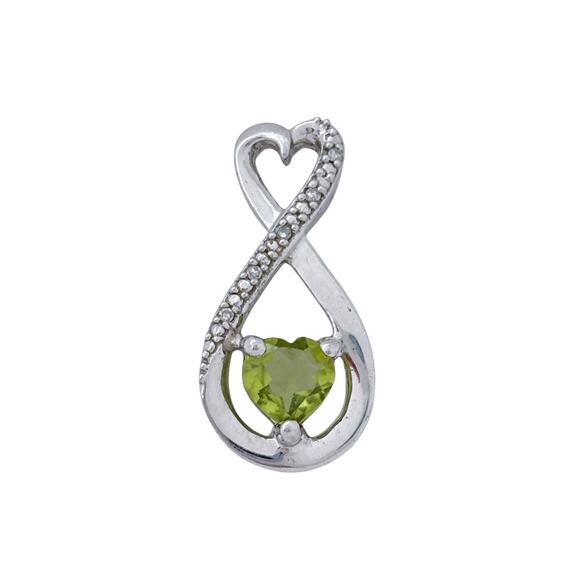 Estate Sterling Silver 925 Peridot Heart Diamond Infinity Pendant - Picture 3 of 9